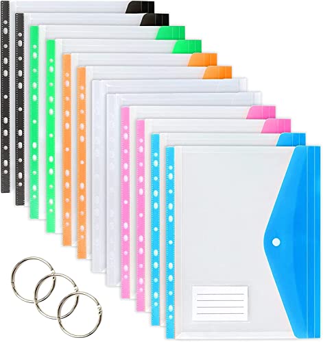 TOOELMON Dokumententasche A4, 12 Stück Transparent Dokumentenmappe A4 zum Abheften, Erweiterbare Wasserdicht Dokumenten Mappen Abheftbar mit Druckknopf, 6 Farben von TOOELMON