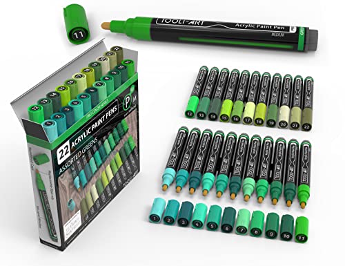 TOOLI-ART 22 Stück Acrylfarben-Markerstifte Pro Color Series 3 mm mittlere Spitze für Steinmalerei Holz Kunststoff Metall Glas Leinwand DIY. Ungiftig schnell trocknend (GREEN) von TOOLI-ART