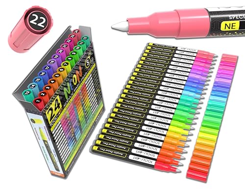 24 neonfluoreszierende Acrylfarbstifte, spezielle Farbserie, Marker-Set, 0,7 mm, extra feine Spitze, Steinmalerei, Glas, Tassen, Holz, Metall, Leinwand, DIY-Projekte, Details, ungiftig, auf von TOOLI-ART