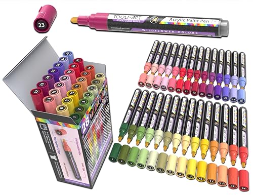 28 Wildblumenfarben-Acrylfarbstifte, Studio Color Series-Marker-Set, 3 mm mittlere Spitze, Felsmalerei, Glas, Holz, Metall, Leinwand, Detaillierung. Ungiftig, auf Wasserbasis, schnell trocknend von TOOLI-ART
