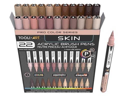 Acrylfarben-Marker-Set mit flexiblen Pinselspitzen, Hauttönen, 1–7 mm Strichbreite, für Steinmalerei, Pinselschriften, Glas, Tassen, Holz, Metall, Leinwand, Stoff, Kunststoff, ungiftig, auf von TOOLI-ART