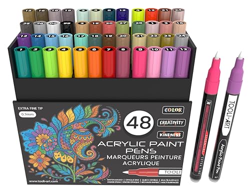 TOOLI-ART Acrylstifte, 48 Marker, verschiedene Farben, limitierte Auflage, 0,7 mm, extra feine Spitze, für Steinmalerei, Glas, Tassen, Holz, Metall, Leinwand, DIY, Konturen, ungiftig, wasserbasiert von TOOLI-ART