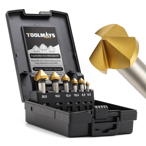 TOOLMAYS Kegelsenker Set HSS 6 tlg 90° Kegelsenker Satz Titan-Beschichtungen Ø 6,3-20,5 mm für Holz, Metall und Kunststoff versenker von TOOLMAYS
