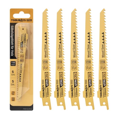 TOOLMAYS Säbelsägeblatt 5tlg. Sägeblätter Set für Holz, 150mm 6TPI für Hartholz und Weichholz, Säbelsägeblätter Set für schnelle und saubere Schnitte von TOOLMAYS