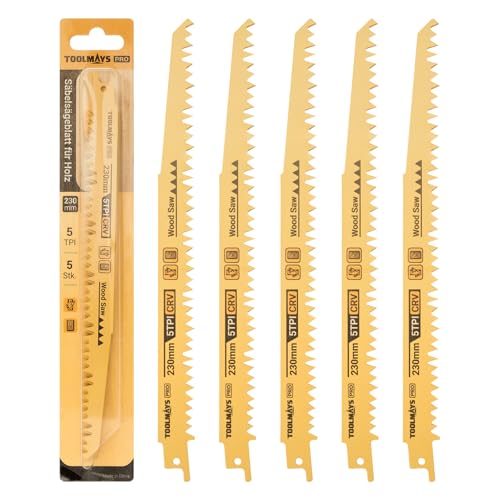 TOOLMAYS Säbelsägeblatt 5tlg. Sägeblätter Set für Holz, 230mm 5TPI für Hartholz, knotiges Holz und Weichholz, Säbelsägeblätter Set für schnelle und saubere Schnitte von TOOLMAYS