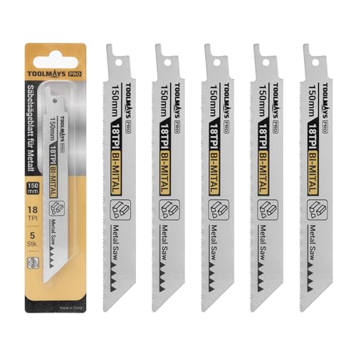 TOOLMAYS Säbelsägeblatt 5tlg. Sägeblätter Set für Metall Schneiden, 150mm 18TPI Bimetall-Stahl-Säbelsägeblätter Set für schnelle und saubere Schnitte, Bi-Metall-Sägeblatt von TOOLMAYS