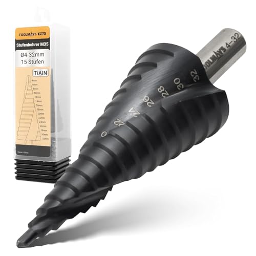 TOOLMAYS Stufenbohrer M35 AlTiN-Beschichtung Kegelbohrer Ø4-32mm für Edelstahl, Kunststoff, Metall und Holz, 15 Stufen, stufenbohrer edelstahl TOOLMAYS Stufenbohrer M35 AlTiN-Beschichtung Kegelbohrer Ø4-32mm für Edelstahl, Kunststoff, Metall und Holz, 15 Stufen, stufenbohrer edelstahl von TOOLMAYS