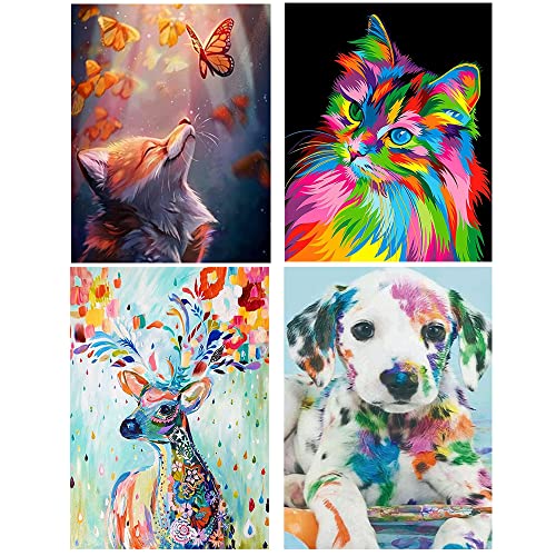 TOOSOAR 4 stück 5D Diamond Painting Set,Diamond painting Katze, Hund, Fuchs, Hirsch, mit DIY Produktionswerkzeug, Rundbohrer, für Erwachsene, Home Wand Décor (30x40cm) von TOOSOAR