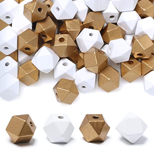100 Stück 16 mm geometrische Holzperlen, Gold und Weiß, Polygonform, Abstandshalter aus Holz für Bastelprojekte, 3 mm Loch 100 Stück 16 mm geometrische Holzperlen, Gold und Weiß, Polygonform, Abstandshalter aus Holz für Bastelprojekte, 3 mm Loch von TOP HUNTER