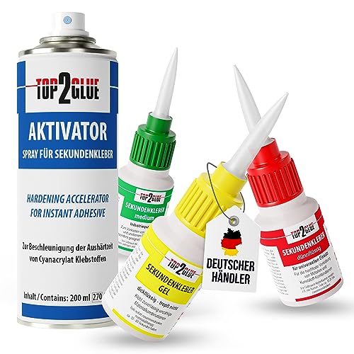 Premium Sekundenkleber extra stark Set mit Aktivator Spray 200ml - 3x Superkleber wasserfest & hitzebeständig - mit Spezialverschluss - Cyanacrylat Kleber Top2Glue (3x 20g Sekundenkleber & Aktivator) von TOP2GLUE