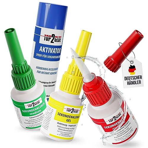 Premium Sekundenkleber extra stark mit Aktivator Spray 200ml - 3x50g Superkleber wasserfest & hitzebeständig - mit Spezialverschluss - Cyanacrylat Kleber Set für Kunststoff, Holz, Metall, Keramik von TOP2GLUE