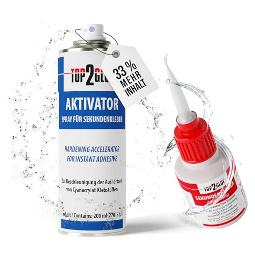Top2Glue XXL Aktivator Sekundenkleber extra stark wasserfest + temperaturbeständig - Cyanacrylat Alleskleber Set 50g Kleber + 200ml Spray für Metall, Holz, Glas, Gummi, Kunststoff, Modellbau (dünn) von TOP2GLUE