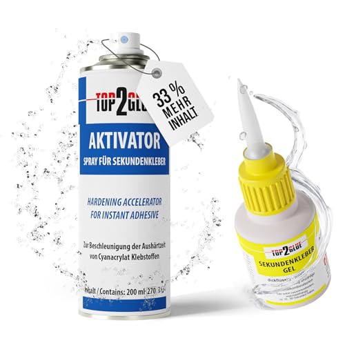 Top2Glue XXL Aktivator Sekundenkleber extra stark wasserfest + temperaturbeständig - Cyanacrylat Alleskleber Set 50g Kleber + 200ml Spray für Metall, Holz, Glas, Gummi, Kunststoff, Modellbau (gel) von TOP2GLUE