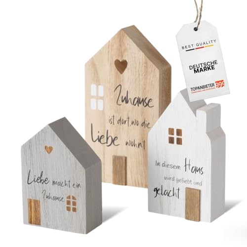 TOPANBIETER 999 Dekoaufsteller Holz 3er Set – Moderne Wohnaccessoires mit liebenvollen Sprüchen– Hochwertige Holzdeko - Stilvolle Deko-Häuser aus Blauglockenbaum-Holz, bemalt in weiß, grau und Natur von TOPANBIETER 999
