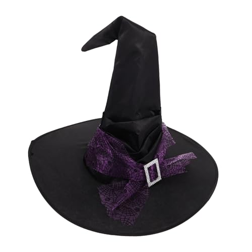 TOPBATHY Halloween Hexenhut Damen Großes Violett Rüschendetail mit Stern und Mondmotiven Spinnennetz Spitzenstoff Robuster Zauberer Hut für Halloween Kostüm Cosplay Party Zubehör von TOPBATHY