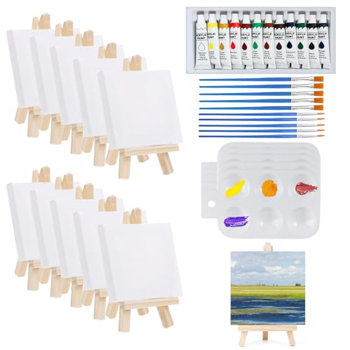 TOPBELIEF 10 Stück Mini Leinwand mit Staffelei, Tischstaffelei Set, Leinwand 10x10cm, mit 12 Farbige Acrylfarben, Pinsel, Rechteckige Palette Zum Zeichnen, Malen, Desktop-Kunsthandwerk, Künstler TOPBELIEF 10 Stück Mini Leinwand mit Staffelei, Tischstaffelei Set, Leinwand 10x10cm, mit 12 Farbige Acrylfarben, Pinsel, Rechteckige Palette Zum Zeichnen, Malen, Desktop-Kunsthandwerk, Künstler von TOPBELIEF