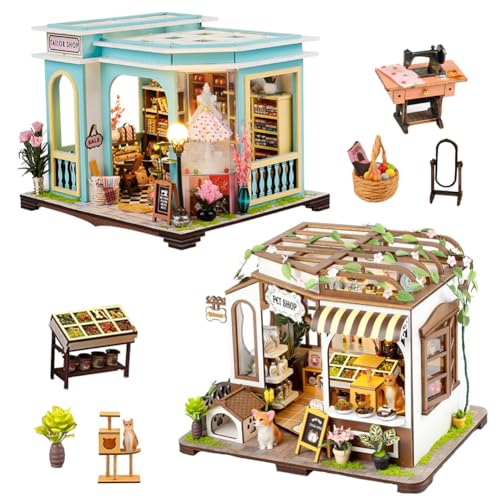 TOPBSFARNY 2pcs DIY Miniatur Puppenhaus Kit, 3D Holzpuzzle Miniatur Buchecke Bauset mit LED-Lichtern und Möbeln Hobby Handwerk für Geschenke für Teenager von TOPBSFARNY