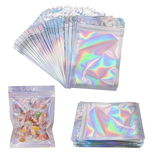 50Stks Kleine Wiederverschließbarer Mylar Beutel, 10.4x15cm Geruchsdichte Holographische Folienbeutel, Aluminium Folie Druckverschlussbeutel mit Reißverschluss für Kaffeebohnen Süßigkeiten von TOPCZY