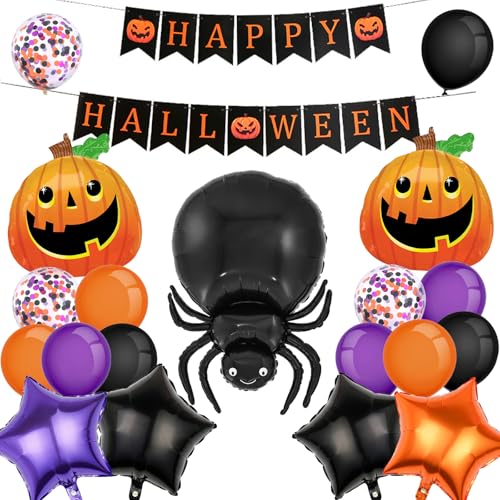Happy Halloween Banner, Spinnenkürbis Luftballons und Schwarz Orange Lila Ballon für Halloween Party Dekorationen Indoor Outdoor Happy Halloween Banner, Spinnenkürbis Luftballons und Schwarz Orange Lila Ballon für Halloween Party Dekorationen Indoor Outdoor von TOPDAOYUN