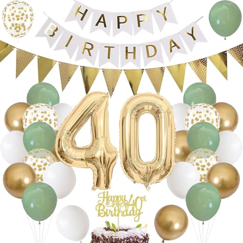 Luftballon 40. Geburtstag Salbeigrüne Folienballon Luftballon Zahlen 40. Geburtstagsdeko Männer Frau 40 Jahr Riesen Folienballon Zahl 40 Ballon 40 Deko zum Geburtstag Dekoration Grün Weiß Gold von TOPHOPE