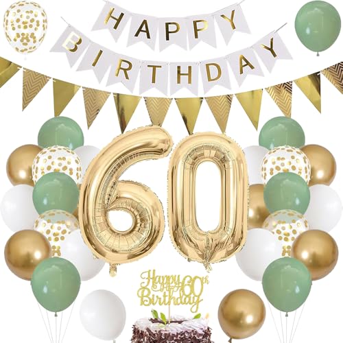 Luftballon 60. Geburtstag Salbeigrüne Folienballon Luftballon Zahlen 60. Geburtstagsdeko Männer Frau 60 Jahr Riesen Folienballon Zahl 60 Ballon 60 Deko zum Geburtstag Dekoration Grün Weiß Gold von TOPHOPE