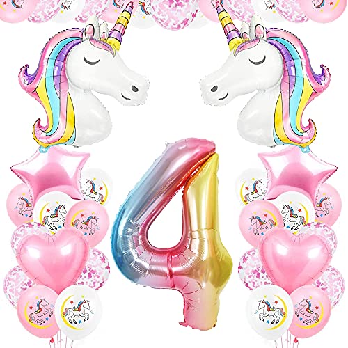 TOPHOPE Luftballon 4. Einhorn Geburtstagsdeko für Mädchen Happy Birthday Folienballon Luftballon Zahlen Geburtstagsdeko Mädchen 4 Jahr Riesen Einhorn Folienballon Zahl 4 Ballon 4 Deko zum Einhorn von TOPHOPE