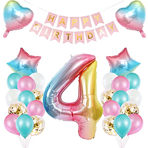 TOPHOPE Luftballon 4. Geburtstag Rosa Folienballon Luftballon Zahlen Geburtstagsdeko Mädchen 4 Jahr Riesen Folienballon Zahl 4 Ballon 4 Deko zum Geburtstag Rosa Happy Birthday Banner von TOPHOPE