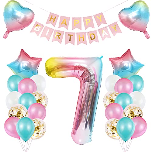 TOPHOPE Luftballon 7. Geburtstag Rosa Folienballon Luftballon Zahlen Geburtstagsdeko Mädchen 7 Jahr Riesen Folienballon Zahl 7 Ballon 7 Deko zum Geburtstag Rosa Happy Birthday Banner von TOPHOPE