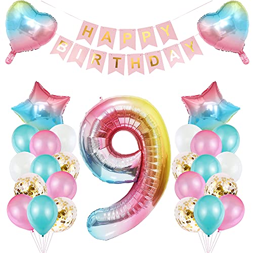 TOPHOPE Luftballon 9. Geburtstag Rosa Folienballon Luftballon Zahlen Geburtstagsdeko Mädchen 9 Jahr Riesen Folienballon Zahl 9 Ballon 9 Deko zum Geburtstag Rosa Happy Birthday Banner von TOPHOPE