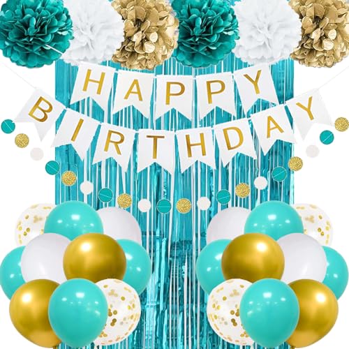 Teal Blue Geburtstag Dekoration, Geburtstagsdeko Türkis, Happy Birthday Banner Girlande, Tiffany Blue Gold Luftballons DIY Party Papier Pompoms Lametta Vorhang für Frauen Mädchen Geburtstag Deko Party Teal Blue Geburtstag Dekoration, Geburtstagsdeko Türkis, Happy Birthday Banner Girlande, Tiffany Blue Gold Luftballons DIY Party Papier Pompoms Lametta Vorhang für Frauen Mädchen Geburtstag Deko Party von TOPHOPE