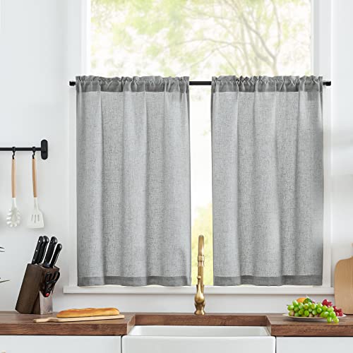 TOPICK Bistrogardine 2er Set Scheibengardinen modern Grau Gardine Küchenfenster kurz Scheibengardinen Küche Leinenoptik H60xB65 cm küchengardinen landhausstil kurzgardinen Wohnzimmer küchenvorhänge von TOPICK