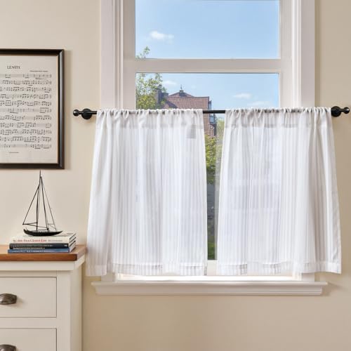 TOPICK Halbtransparent Scheibengardinen 2er Set H60 x B65 (cm) Weiß Modern Kleine Küchengardinen,Vorhänge mit Stangentasche Kurzgardine Bistrogadine für Kinderzimmer Küche Balkontür von TOPICK