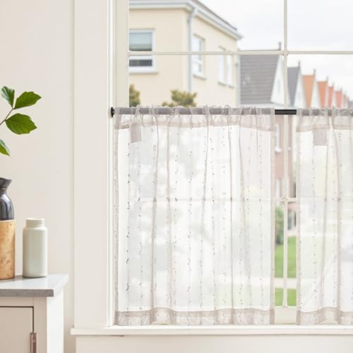 TOPICK Leinen Scheibengardinen 2er Set H60 x B65 (cm) mit Weiß Punkten Bistrogardinen Landhausstil Boho Kurzgardine halbtransparent Leinenoptik Vorhänge mit Tunnelzug Küchendeko Kinderzimmer von TOPICK