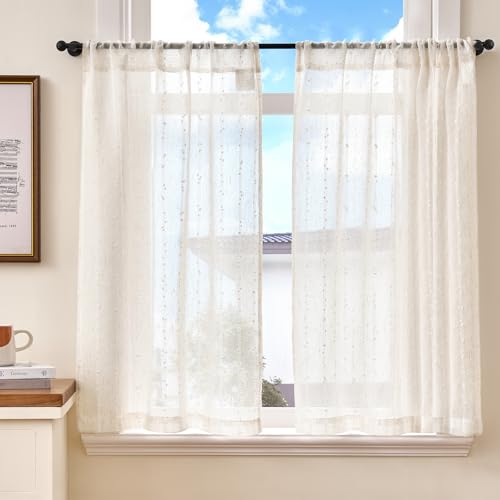 TOPICK Leinen Scheibengardinen 2er Set H90 x B65 (cm) mit Weiß Punkten Bistrogardinen Landhausstil Boho Kurzgardine halbtransparent Leinenoptik Vorhänge mit Tunnelzug Küchendeko Kinderzimmer von TOPICK