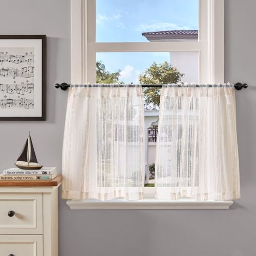 TOPICK Scheibengardine 2er Set Bistrogardine modern Wohnzimmer Schlafzimmer Landhausstil Gestreift， H60 x B65 (cm) Kurzgardine Kleine Transparent Vorhänge für Küche Gardinen Kurzgardine Beige von TOPICK