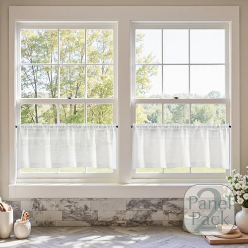 TOPICK Scheibengardine Küche Transparent Bistrogardine Wohnzimmer modern Küchengardinen Gardine Gaze Schals Fensterschal Kurzgardine für Küche Küchenfenster Landhausstil 2 Stücke B 130x H 40cm Weiß von TOPICK