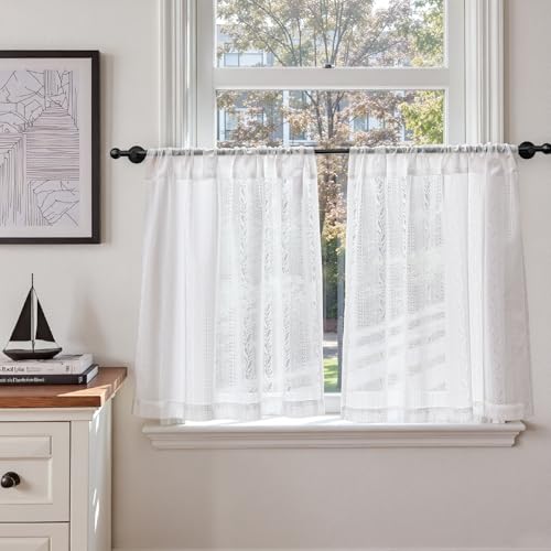 TOPICK Scheibengardinen H60 x B65 (cm) Weiß 2er Set mit Blättermuster Halbtransparent Bistrogardine Spitze Kurzgardine Landhausstil Durchsichtig Voile Vorhänge Küchengardinen Wohnzimmer Fensterdeko von TOPICK