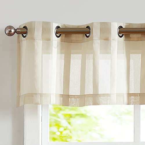 TOPICK Voile Bistrogardinen mit Ösen 2er Set Sheer Streifen Scheibengardine Gestreift Küchenvorhang Kurzstore Transparent Klein Fenster Küche Wohnzimmer Landhaus Kurzgardine Beige B130xH35cm*2 von TOPICK