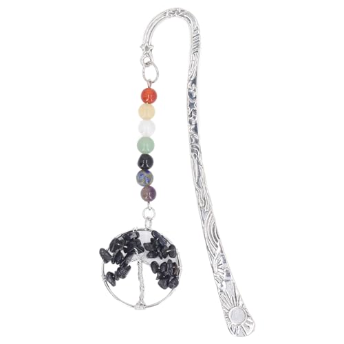 Chakra Crystal Lesezeichen, Antike Zinklegierung Glänzender Edelstein -Heilungsbuch Marker, Retro Metal Colored Pendant Tree Perle Lesezeichen für Schüler, Lehrer, (Obsidian) von TOPINCN