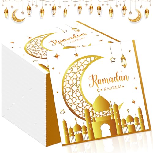 TOPJOWGA 100 Stücke Eid Mubarak Papierservietten, Stern Mond Servietten, Gold Weiß, Ramadan Tischdekoration für Party, Eid Mubarak Dekoration, 33x33cm TOPJOWGA 100 Stücke Eid Mubarak Papierservietten, Stern Mond Servietten, Gold Weiß, Ramadan Tischdekoration für Party, Eid Mubarak Dekoration, 33x33cm von TOPJOWGA