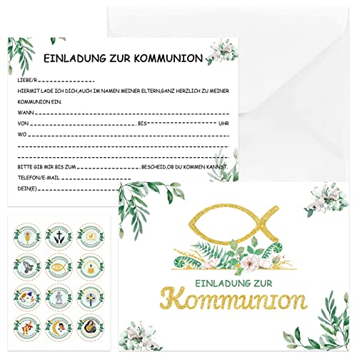 TOPJOWGA 12 Stück Einladungskarten zur Kommunion mit 12 Umschlägen, 1 Blätter Aufkleber, Einladungen zu Konfirmationsfeier Einladung Karten, Einladungen zur Konfirmation Jungen und Mädchen von TOPJOWGA