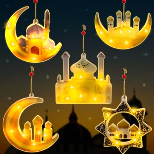 TOPJOWGA 5 Stück Eid Ramadan Dekorative Fee Licht, LED Muslim Ramadan Lichter, Ramadan Fee Lichter, Eid Ramadan Laternen Lichter, Mond und Stern Islam Mubarak Dekoration LED Lichter von TOPJOWGA