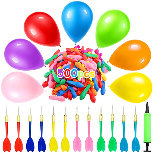 TOPJOWGA Ballon Spiel Set, 12 Stück Dartpfeile Pfeile und 500 Stücke Latex Ballon mit 1 Ballonpump, Spiele Dart Pfeile Luftballons, Latex Ballon Dartspiel für Karneval Geburtstags Kinderparty von TOPJOWGA