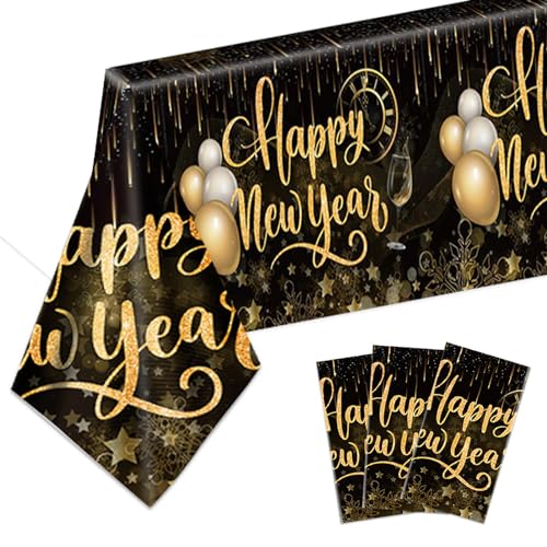 TOPJOWGA Frohes Neues Jahr Tischdecken 2025, 3 Stück Schwarz Gold Silvester Party Tischdecken, Silvester Party Dekoration, Happy New Year Party Dekoration Tischdecke TOPJOWGA Frohes Neues Jahr Tischdecken 2025, 3 Stück Schwarz Gold Silvester Party Tischdecken, Silvester Party Dekoration, Happy New Year Party Dekoration Tischdecke von TOPJOWGA