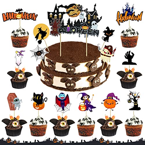 TOPJOWGA Halloween Cupcake Topper, 29 Stück Halloween Cupcake Dekorationen, 1 Stück Große Kuchendekoration und 28 Stück Halloween Cupcake Wrapper Dekorationen, für Halloween oder Geburtstagspartys von TOPJOWGA