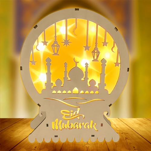 TOPJOWGA Holz Ramadan Deko Lampe, Ramadan Dekoration Laterne, Eid Ramadan Lampe, Eid Mubarak Laterne Mond Stern Dekoration, Batteriebetrieben Islam Festival Lichter Ramadan Dekoration (Eid Mubarak) von TOPJOWGA