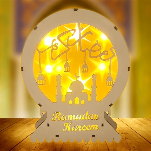 TOPJOWGA Holz Ramadan Deko Lampe, Ramadan Dekoration Laterne, Eid Ramadan Lampe, Eid Mubarak Laterne Mond Stern Dekoration, Batteriebetrieben Islam Festival Lichter Ramadan Dekoration (Ramadan) von TOPJOWGA