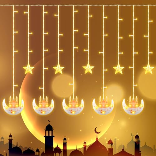 TOPJOWGA LED Muslim Ramadan Lichterkette, 3M 10LED Eid Lichterketten Vorhanglichter, 8 Modi LED Sterne Mond Lichterkette Vorhang Licht, Islam Festival Lichter Ramadan Dekoration von TOPJOWGA