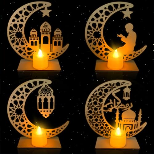 TOPJOWGA Ramadan Holz Lichter Dekoation, 4 Stück Holz Eid Mubarak Tischdekoration, Ramadan Holz DIY Lampe Licht, Ramadan Dekoration Lichter für Eid Mubarak Muslimische Festival von TOPJOWGA