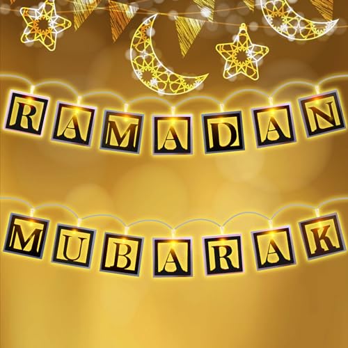 TOPJOWGA Ramadan Mubarak LED Lichterkette - Hölzerne Hohlbuchstaben, Batteriebetrieben Muslim Festival Lichter für Außen Innen - Islam Dekoration von TOPJOWGA